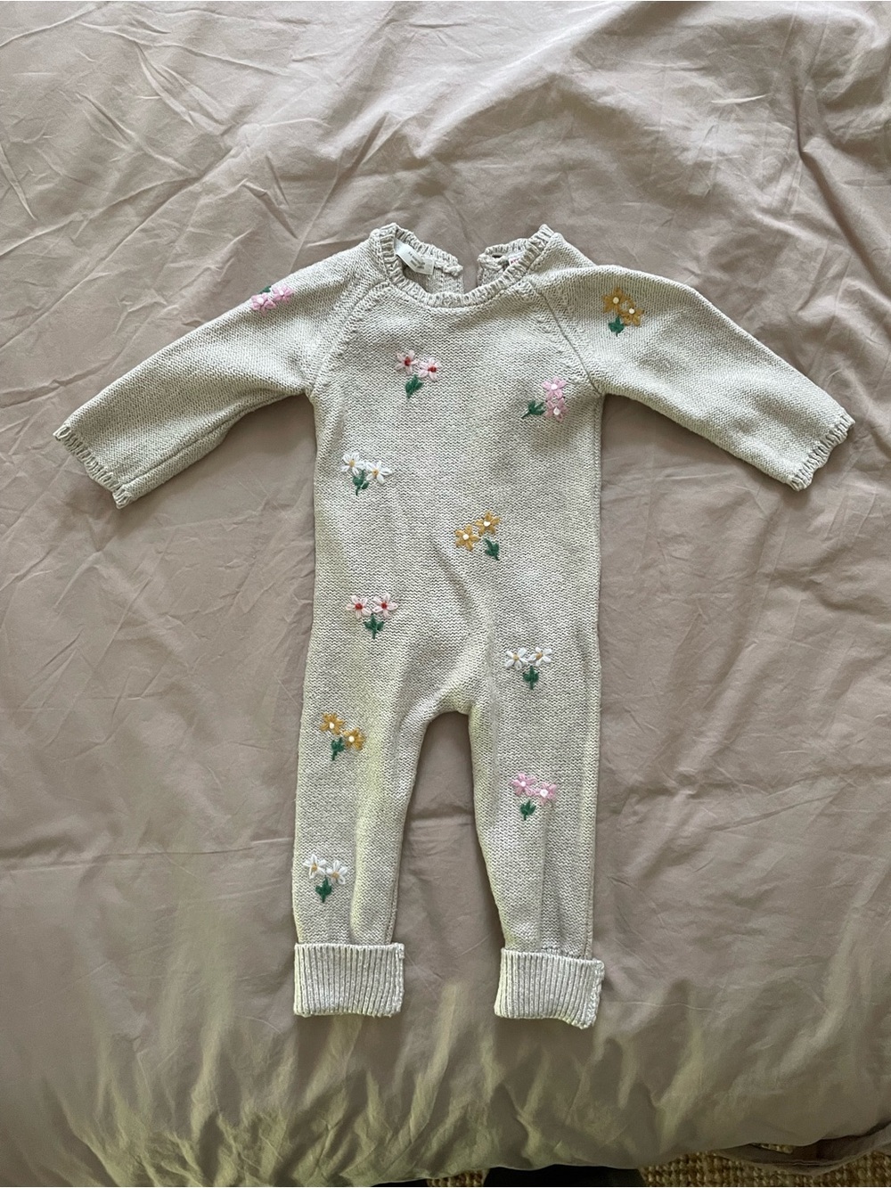 Zara Cream Knit Baby One-Piece with Embroidered Flowers